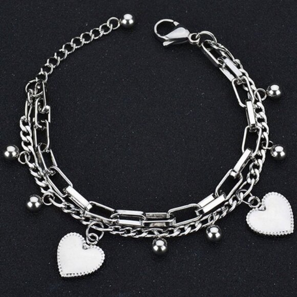 Silver Plated Stainless Steel Heart Charm Bracelet - Picture 2 of 2